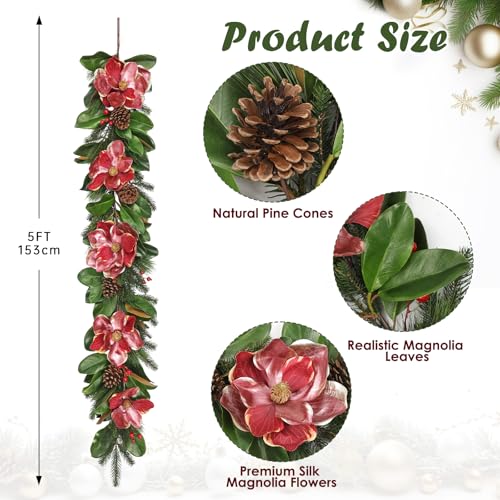 Briful 5FT Christmas Magnolia Flower Garland with Pine Cones Berries Artificial Silk Floral Vine Faux Flower Garland for Xmas Backdrop Table Wall Wedding Party Home Decor - color: Magnolia Galand