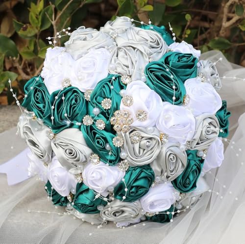 Ujicde Romantic Wedding Bouquet Bridal Bridesmaid Round Bling Brooch Bouquet Throw Toss Artificial Rose Flower Bunch with Sparkle Rhinestone Crystal Decoration(Green White,Dia. 6.3"*16cm) - color: Green White, size: Dia. 6.3"*16cm