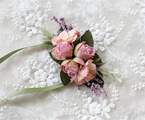 Rose Wedding Wrist Corsage and Boutonniere Set Party Prom Hand Ribbon Flower Suit Decor (Pink) - color: Pink