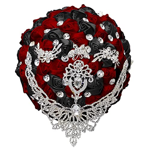 Sharebeauty 9.4 Inch Handmade Satin Rose Bridal Bouquet Toss Round Wedding Bouquet Throw Toss Artificial Flower Bunch Black + Dark Red - color: W28714 Black/Dark Red, size: 9.4"/24cm