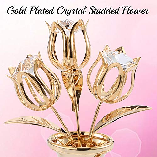 Matashi 24K Gold Plated Crystal Flower Figurine with Clear Crystals & Butterfly – Luxury Decorative Tulip Statue, Elegant Tabletop Home Décor, for Mother's Day, Valentine's Day, Christmas - color: Clear Crystal