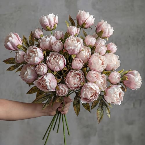 Thiccywoov 12 Pcs Faux Peony Stems Flowers Bulk Vintage Artificial Silk Peonies Stems Real Look Fake Peonies Branch for Vase Filler DIY Bouquet Centerpiece Home Indoor Outdoor Decor (Brownish) - color: Brownish