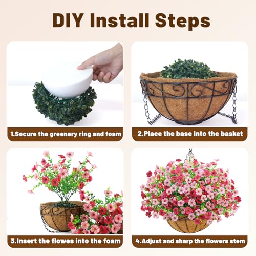 2 Pack Artfiticial Hanging Flowers Baskets for Outdoors, UV Resistant Faux Hanging Plants, 24 Pcs Fake Silk Flowers for Patio Garden Front Porch Balcony Decor (Pink Rose Red) - color: Pink Rose Red