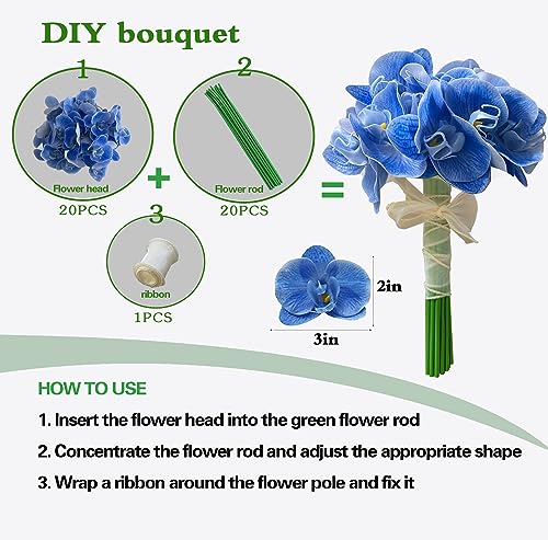 20 Pcs Blue Artificial Orchid Flower for Floating Candle Centerpieces, Faux Flower Head and stem DIY Crafts Bouquet for Bridal Bouquets Flower Arrangements Table Centers Home Decor. (Blue) - color: Blue
