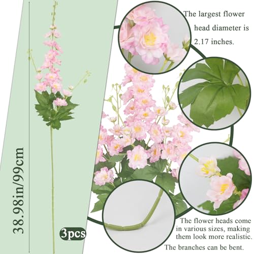 3 Pcs Delphinium Artificial Flowers 40" Long Stem Silk Larkspur Flowers Bulk Pink Faux Delphinium Stems for Tall Floor Vase Wedding Floral Arrangement Centerpieces Outdoor Home Decor Indoor - color: Pink