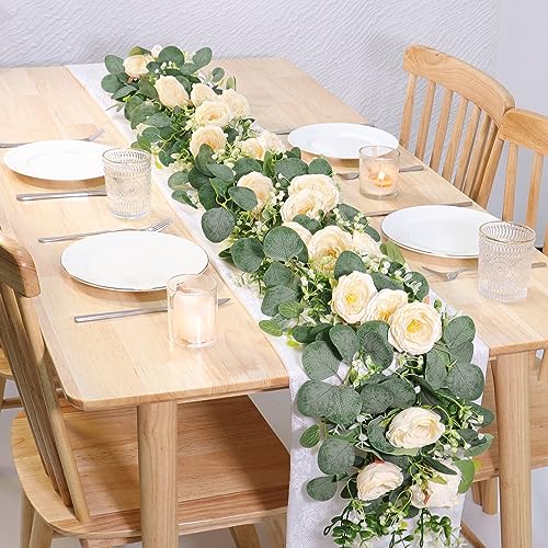 TOCHGREEN 2 Pack 12Ft Artificial Eucalyptus Flower Garland with Champagne Roses, Fake Rose Flower Greenery Garland Floral Vines for Wedding Home Party Table Runner Decor (2PCS, Champagne) - color: Champagne, size: 2PCS