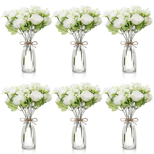 Thiccywoov 19 Pack Artificial Peony Flowers with Vase Bulk, 12 Bundles Faux Peony Bouquet 6 Vase with 1 Rope Silk Flower Arrangement Wedding Table Centerpiece for Wedding Bridal Shower(White) - color: White
