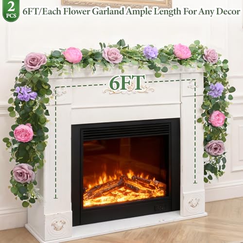 Livole 2Pcs 12 Ft Artificial Flower Garland Fake Pink Rose Peony Floral Garland with Eucalyptus Flower Hanging Vine for Wedding Arch Table Centerpieces Backdrop Party Home Decorations - color: Pink, size: 2 Pcs
