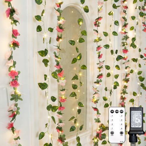 suddus 300 LED Artificial Flower Garland Pothos Vines Curtain Lights, Rose Vines Fairy Lights for Bedroom, Hanging String Lights for Wall, Room, Dorm, Wedding, Party, Indoor Decor 6.8ft x 6.5ft - color: Flower&Pothos, size: Plug In-300Led