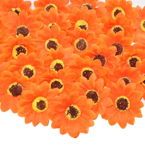 Orange Artificial Sunflower Heads Bulk, 50 Pcs Fake Sunflower Heads Fabric Flowers for Craft, 2.76 Inch Silk Sunflowers for Decorations, Bridal Shower, Farmhouse, Birthday Party - color: Orange