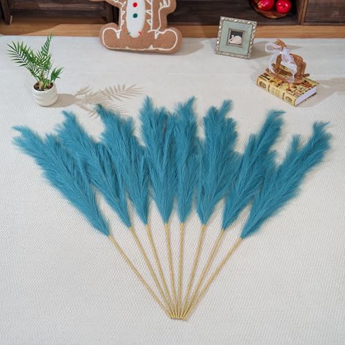 Premium Faux Teal Pampas Grass Decor 8pcs 43.3″ 110cm– Peacock Teal Tall Fluffy Feather Flowers, No Assembly 18-Branch One-Piece Stems for Boho Wedding & Coastal Home Decor, Floor Vase Accent - color: Faux Teal, size: 8pcs 43.3"(110cm)