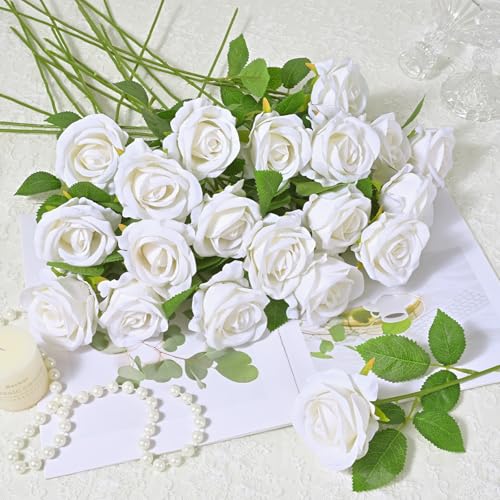 Waipfaru 100 Pcs White Roses Artificial Flowers Bulk, Real Touch Velvet Roses with Wrapping Paper, Fake Flowers for Wedding Centerpieces Bridal Bouquet Valentines Mothers Day Decor - color: White, size: 100 Pcs
