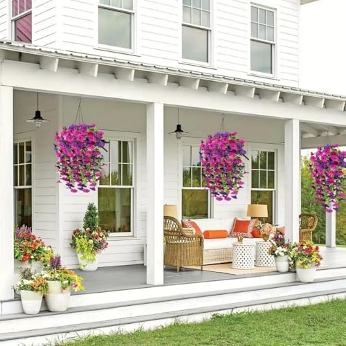 4PCS Artificial Hanging Flowers for Outdoor Hanging Plants Faux Morning Glory UV Resistant Silk Spring Summer Flower for Garden Porch Yard Patio Balcony (Double Purple) - color: Double Purple