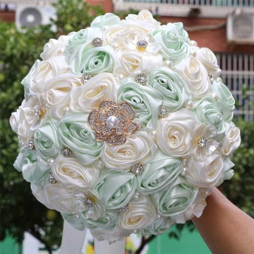 Bridal Wedding Bouquet with Rhinestone Brooch Pearl Bouquet for Bride Bridesmaid Quinceanera Rose Flower Bridal Bouquet Wedding Light Green and Ivory 6.3in - color: Light Green & Ivory, size: Small (DIA. 6.3"/16cm)
