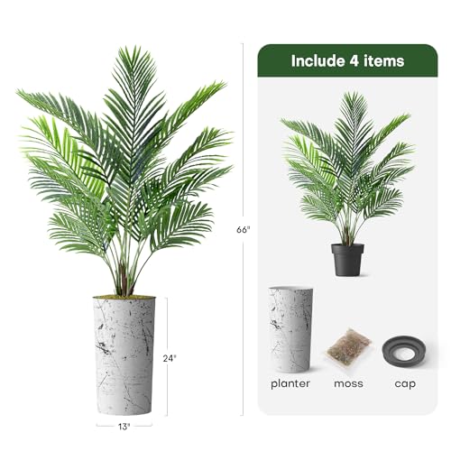 Artificial Tree in Abstract Ink Planter, Fake Areca Tropical Palm Silk Tree for Indoor and Outdoor Home Decoration - 66" Overall Tall (Plant Pot Plus Tree) - style: Areca Palm Tree