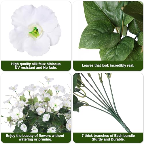 Fake Hibiscus Artificial Flowers for Outdoors Spring Summer Decoration, 6 Bundles Silk White Hibiscus Flowers Bouquet UV Resistant Look Real Faux Plants for Outside Planter Front Door Porch Balcony - color: White