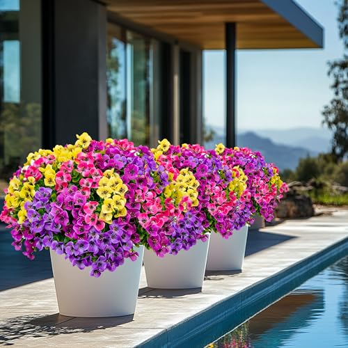 AXYLEX Artificial Flowers Outdoor Fake Plants - 16 Bundles UV Resistant No Fade Faux Shrubs Plastic Greenery Home Garden Porch Patio Decoration (1, Multi02-16pcs) - color: Mixed, 4 Colors Red Pink Purple Yellow
