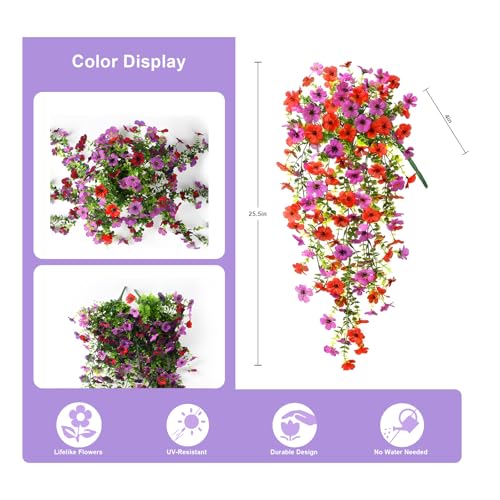 Artificial Hanging Flowers Plants for Outdoors, 2 PCS UV Resistant Faux Silk Daisy(132 Branches Per Bundle), Home Garden Balcony Yard Porch Decor(Purple Red) - color: Purple Red