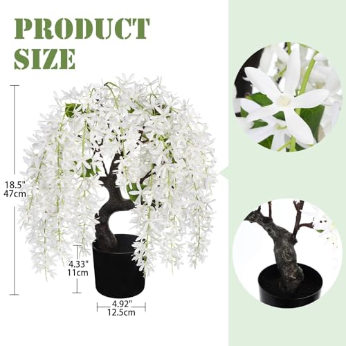 Artificial Flowers 18.5" Tall with Silk Wisteria White Flower Arrangement and Realistic Wood Fake Bonsai Tree Plants Faux Plants for Spring Home Bedroom Office Bathroom Coffee Table Centerpiece Decor - color: White-18.5