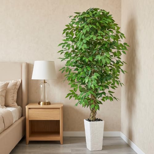 6FT Artificial Ficus Tree Indoor, Large Fake Ficus Tree with Natural Wood Trunk & Realistic Silk Leaves, Tall Faux Tree for Living Room, Office, Home Decor, White Pot Included