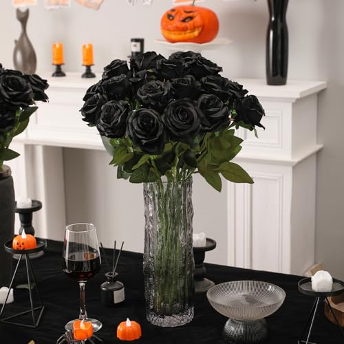 Luyue 10PCS Artificial Roses Flower with Stems Slik Fake Flowers Bouquet Realistic Long Stem Faux Rose for Valentines Day Wedding Home Decor - color: Black
