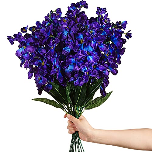 Waydress 16 Pieces 27 Inches Artificial Orchid Flowers Faux Orchids Silk Flowers for Wedding Dinning Home Restaurant Decoration Bridal Bouquet Corsage Boutonniere Wreath Decor (Blue-Purple) - color: Blue-purple