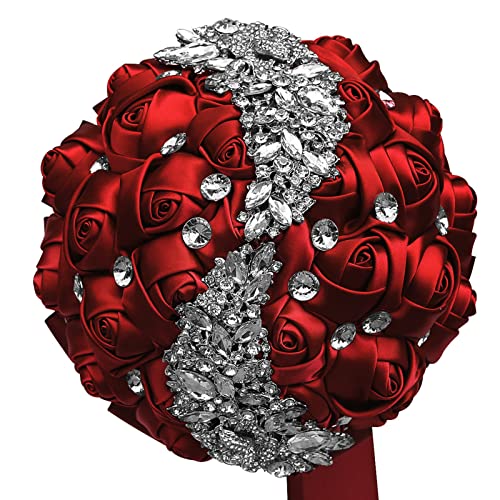 XINNI Brooch Bridal Wedding Bouquet Bride Bridesmaids Satin Rose Flower Bouquet with Meteor Shower Shape Rhinestone for Wedding Dark Red - color: Dark Red