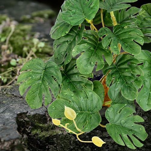 Reptile Plants for Terrarium, Ball Python Tank Accessories, Amphibian Habitat Decor Plant Bearded Dragon Tank Decorations for Gecko Lizard Chameleon Tortoise with Base - Fake Monstera - color: B-fake Monstera