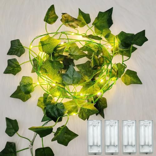 Fielegen Vine with Fairy Lights, 4 Pack 80LEDs Vine Lights Green Ivy Vines String Lights Battery Operated, Artifical Garland Leaf with Fairy Light for Bedroom Dorm Wall Decor - color: Ivy Leaf (4 Pack)