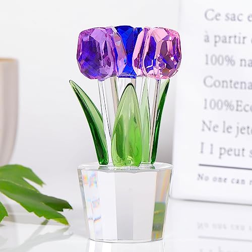 Qianwei Crystal Tulips Flowers Figurine Colorful with Vase - Glass Flower Bouquet Collectible Figurines Crystal Office Home Decor Paperweight - Tulip Gifts for Women Mom Bestfriend Wedding Anniversary - color: Pink Blue Purple Tulip