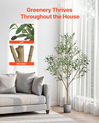 VEVOR 5FT Artificial Olive Tree with Black Pot, Tall Fake Tree with Natural Wood Trunk & Realistic Green Leaves and Fruits, Indoor Faux Plant for Home, Office, Living Room, Corner Decor - color: Olive Tree Type 2, size: 5ft