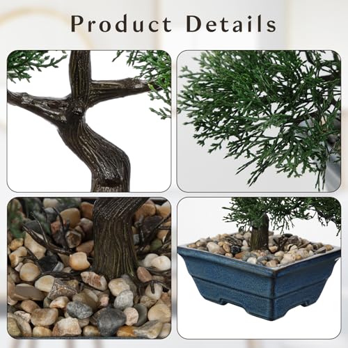 Artificial Bonsai Tree Juniper Faux Plants Indoor Fake Plants Decor with Blue Ceramic Pots for Home Table Office Desk Bathroom Shelf Bedroom Living Room Farmhouse Decorations-Pine - style: 6" Blue Glazed