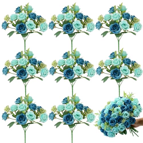 8 Pack Rose Artificial Flowers Bouquet, 10 Small Silk Rose Heads Per Pack, Fake Roses Bunches for Wedding Table Centerpieces Bridal Bouquet Mother's Day Valentine's Day Home Decor, Blue - color: Blue