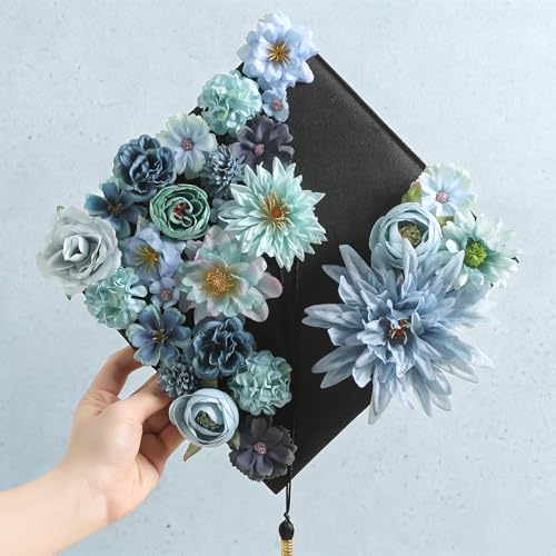 Artificial Flowers Heads Combo Blue Flowers Mix Silk Flowers Heads Bulk Faux Rose for Craft Garland Graduation Cap Wedding Bridal Baby Shower Home Party Decoration DIY Cake Decor - color: Blue
