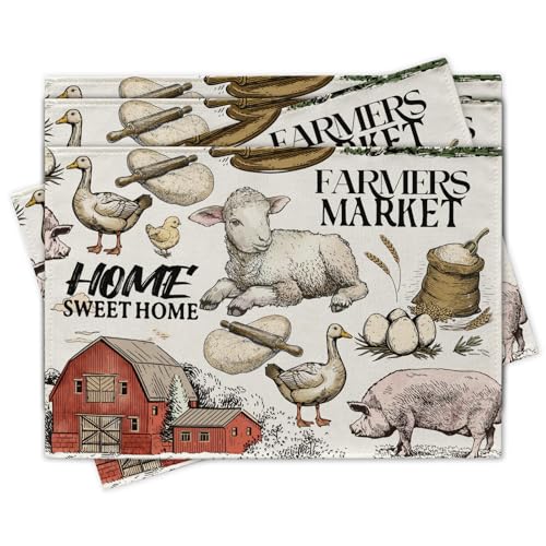 Vintage Farm Animals Placemats Set of 4, Farmhouse Country Barn Lamb Pig Chick Duck Tractor Dining Place Mats Table Decor, Retro Farmer Market Home Sweet Home Kitchen Decoration 12''x18'' - color: Farm, size: Placemats 12''X18''