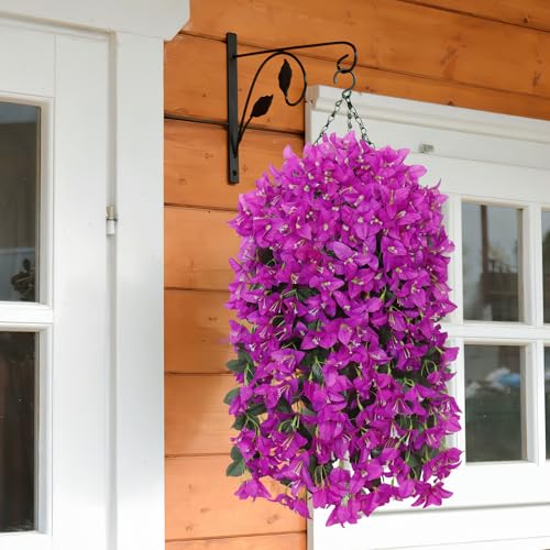 2PCS Faux Bougainvillea UV Resistant Artificial Flowers Plants for Outdoors Faux Hanging Bougainvillea Flowers Outside Decoration Fake Silk Long Trailing Vines for Front Door Porch Patio (Purple) - color: Purple