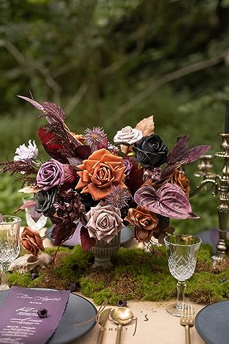 Ling's moment Fake Flowers Box, Faux Artificial Greenery Stems Foam Roses Gardenia Anthurium Silk Willow Eucalyptus Fabic Flower for Centerpieces Bouquet Vase, Black & Orange & Purple, Deluxe Combo - color: Blk-black & Orange & Purple, size: Deluxe
