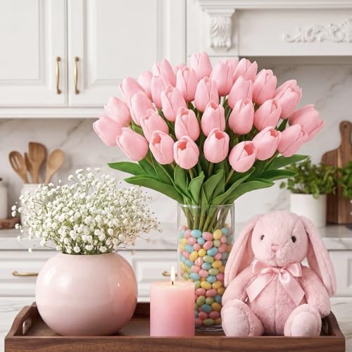 30 Pcs Pink Artificial Tulips with Clear Vase, Realistic Faux Tulip Bouquet in Vase, Fake Flowers Arrangement for Spring Floral Centerpiece for Home Office Table Decor