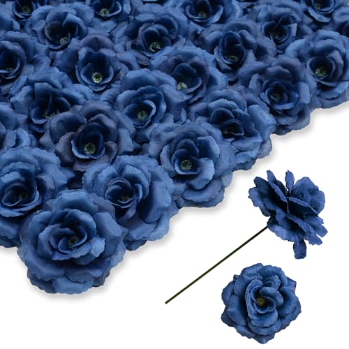 Rose Artificial Flowers, 50Pcs White Roses Head Flowers Bulk with Stem, 3 Inches Silk Rose Fake Flower Head for Wedding Party Home Decor DIY Baby Shower Centerpieces Tables Decoration (Navy Blue) - color: Navy Blue