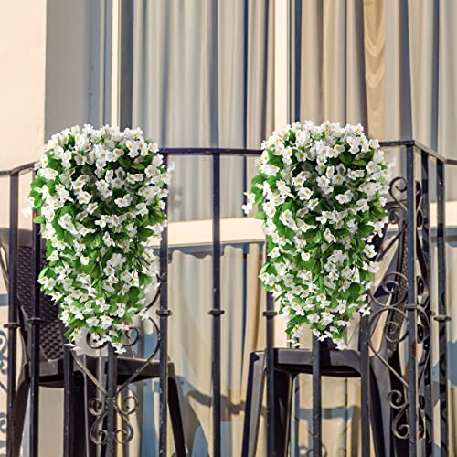 ZFProcess Artificial Fake Hanging Flowers Plants for Outdoor Spring Summer Decoration, 2PCS Faux Silk Violet UV Resistant Look Real Trailing Vines for Outside Home Planter Porch Patio(White) - color: A White