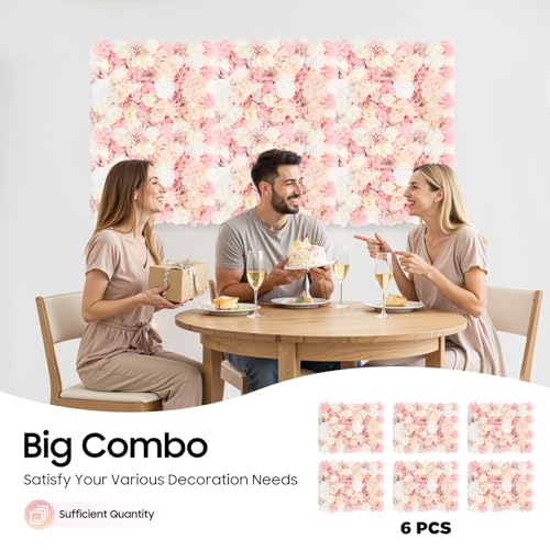 Artificial Silk Flower Panels 6pcs, 3D Silk Dahlias/Roses/Hydrangeas Floral Wall Panel Ideal for Wedding Celebrations, Festive Party Birthday Backdrops and Elegant Home, 16x24 Inch