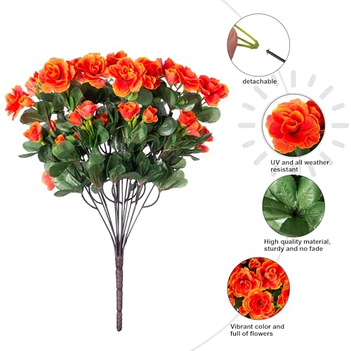 Artificial Faux Flowers Plants for Spring Outdoor Outside Decor, Fake Silk Orange Camellia UV Resistant Look Real for Autumn Planter Porch Patio Balcony Garden Yard Decoration, 3 Large Bundles - color: Fall Orange