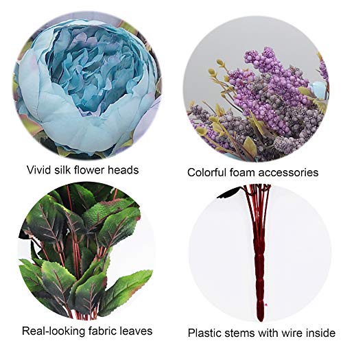 1pcs Artificial Peony Bouquet,19 Inch Silk Peony Bunch with 7 Faux Flowers,Classical Style Artificial Flowers with Leaves and Ornaments for Wedding,Home Décor Centerpieces(Blue) - color: Blue, size: Pack of 1