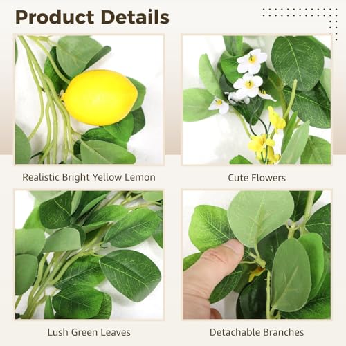 2 Pcs Artificial Lemon Garlands, 6.6 ft Faux Greenery Vines, Fake Fruit Vines with Lemons, Flowers, and Leaves, Spring Fruit Garlands for Indoor Outdoor Wedding Home Door Wall Decoration