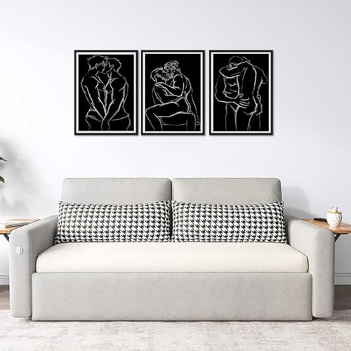 Gay Couple Canvas Wall Art 3 Piece Intimate Man Line Posters Abstract Black and White Male Figure Prints Artwork Wall Decor for Living Room Bedroom Bathroom Hotel Framed Ready to Hang 12x16inchx3pcs - color: Art02, size: 12x16x3Pcs Black Framed