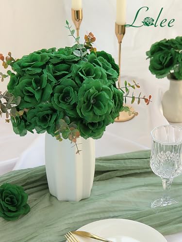 LELEE Rose Head Flowers with Stem - 108pcs Emerald Green Rose Artificial Flowers Bulk - Silk Roses Fake Flower for Wedding Bouquet Party Home Decor DIY Centerpieces Tables St Patrick's Day Decoration - color: Green