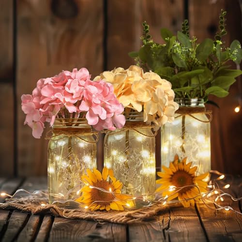 Set of 3 Mason Jar with Lights Blush Hydrangea Decorative Jars Flower Vase Farmhouse Table Centerpiece for Home Wedding Event Party Decor - color: Jar-pink Hydrangea