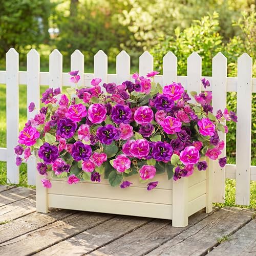 Artificial Flowers for Outdoors, 6 Bundles Silk Fake Hibiscus Flowers for Spring Summer Decoration, UV Resistant Fake Plants Plastic Bouquet for Home Planter Porch Patio Yard Decor(Light Purple Red) - color: A-light Purple Red