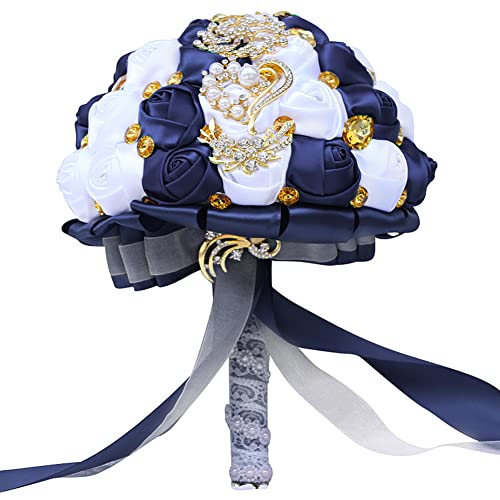 Handmade Wedding Bouquets for Bride Bridesmaid Brooch Artificial Holding Flower Tossing Bouquet（White/Navy,24cm,1PC - color: White/Navy, size: 24CM/9.4''