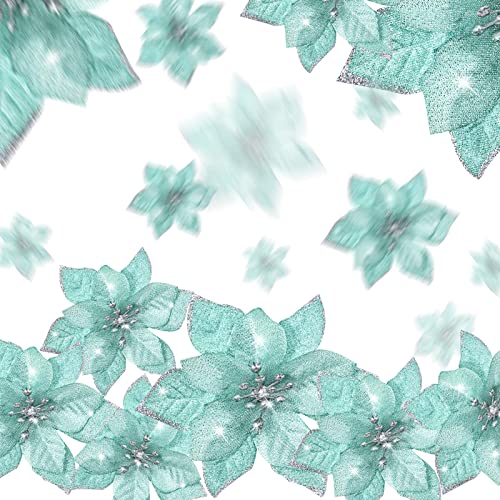 Geosar 100 Pcs 3 Size Christmas Poinsettia Flowers with Clips Glitter Artificial Flowers Small Christmas Tree Ornaments Faux for Xmas Party DIY Craft Wreath Garland New Year, 3/4/6 Inches(Mint Green) - color: Mint Green